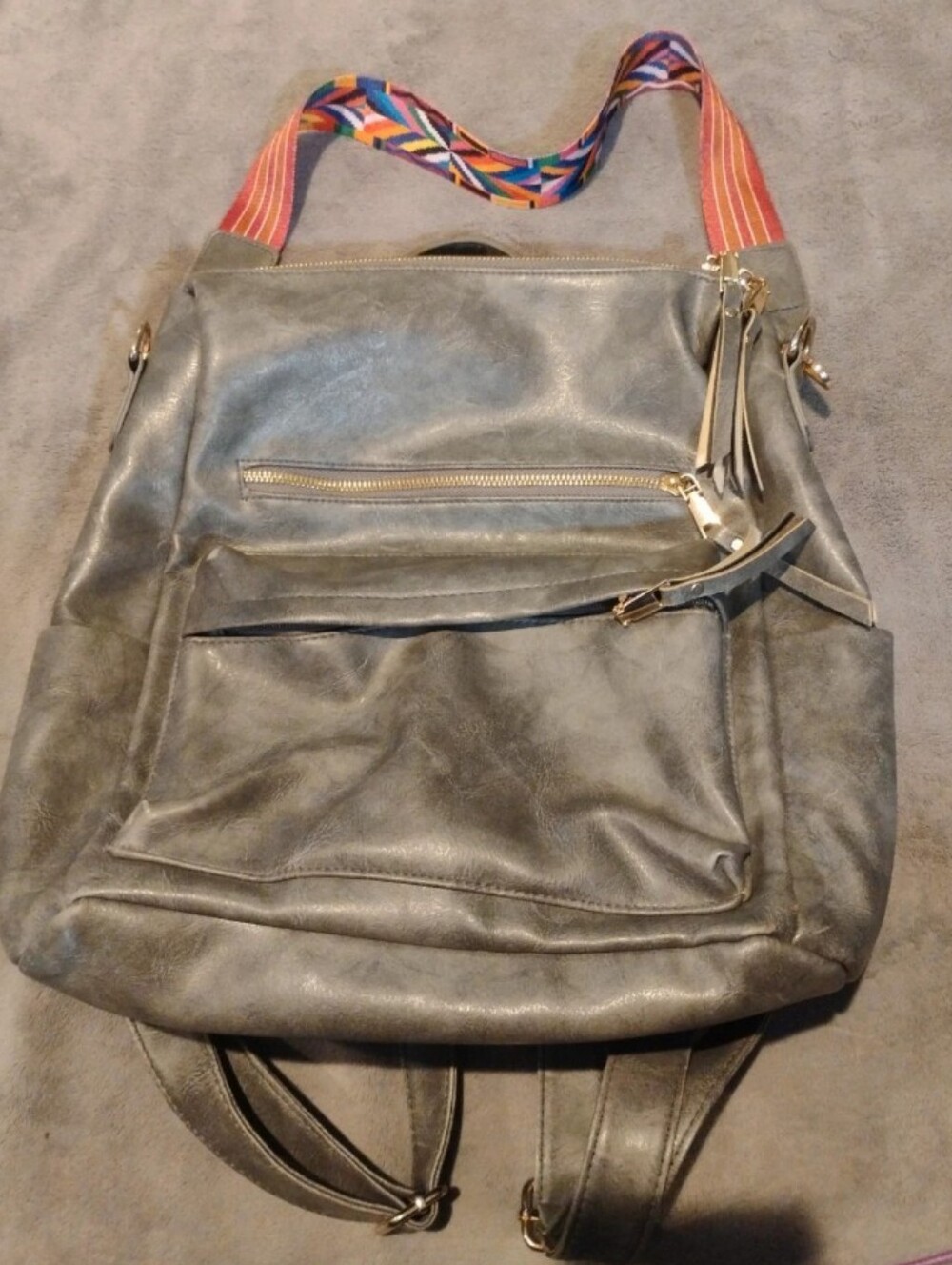 Modern+Chic Grey Vegan Leather Convertible Backpack Purse Guitar Strap